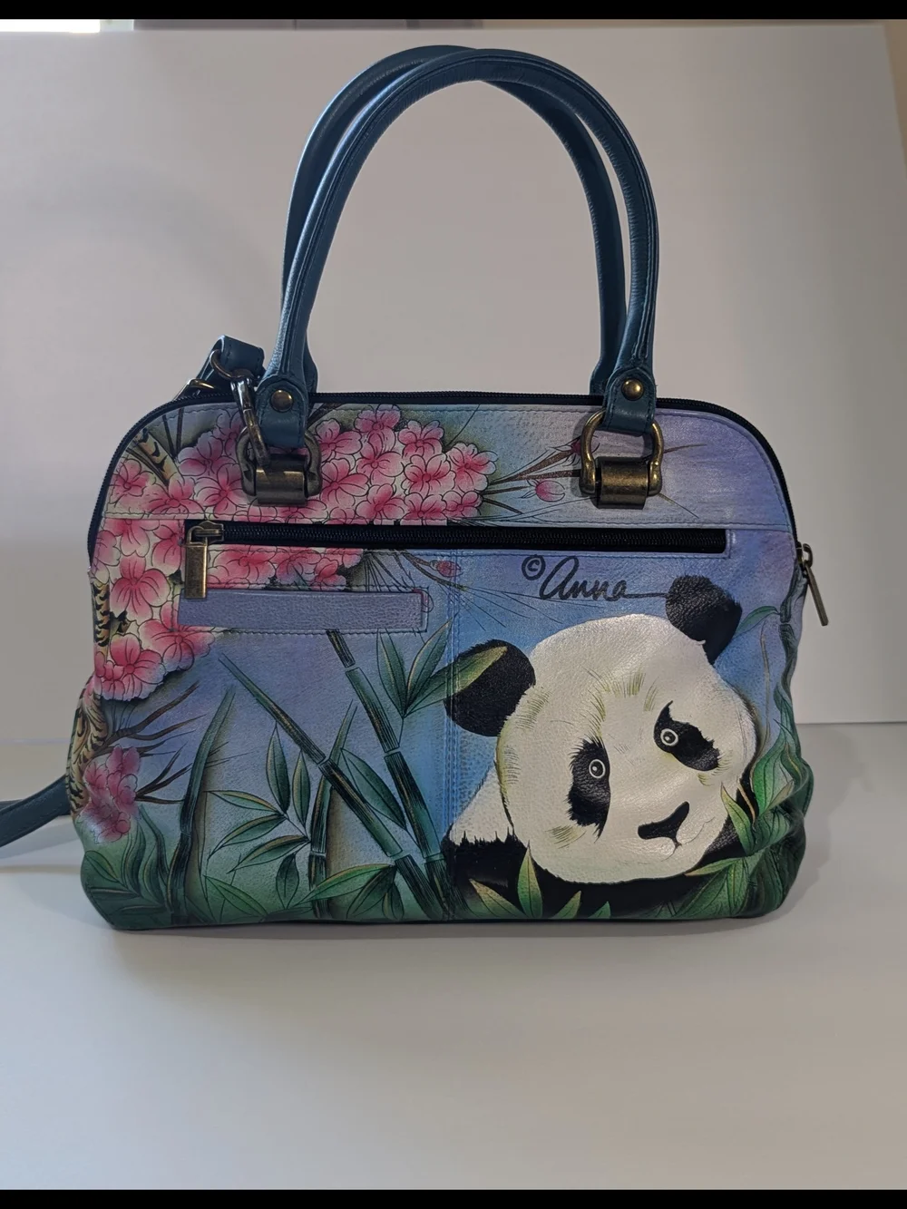 Anuschka Hand Painted Leather Satchel Panda Floral Crossbody Shoulder Bag Art
